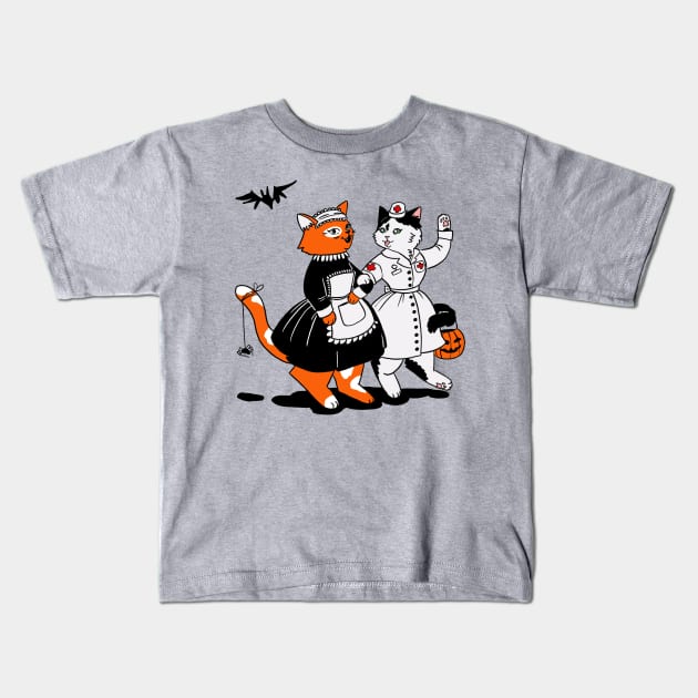 two cats in costumes nurse and maid trick and threats Kids T-Shirt by Vikki.Look